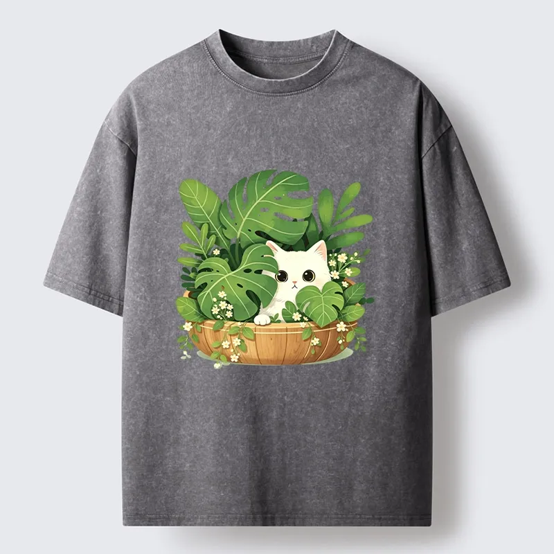 Tokyo-Tiger Sweet White Cat Green Plant Vibe Washed T-Shirt