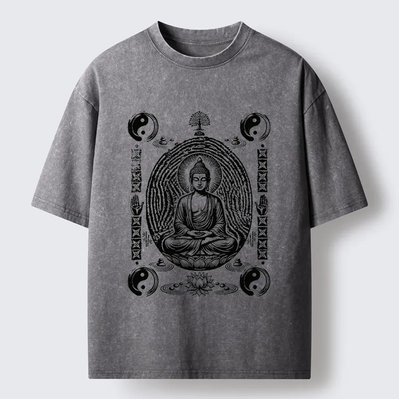 Tokyo-Tiger Minimal Spiritual Buddha Ink Art Washed T-Shirt