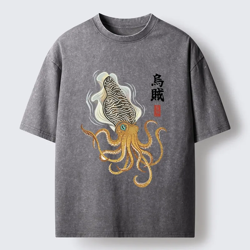 Tokyo-Tiger Ink Style Cuttlefish Japan Art Washed T-Shirt
