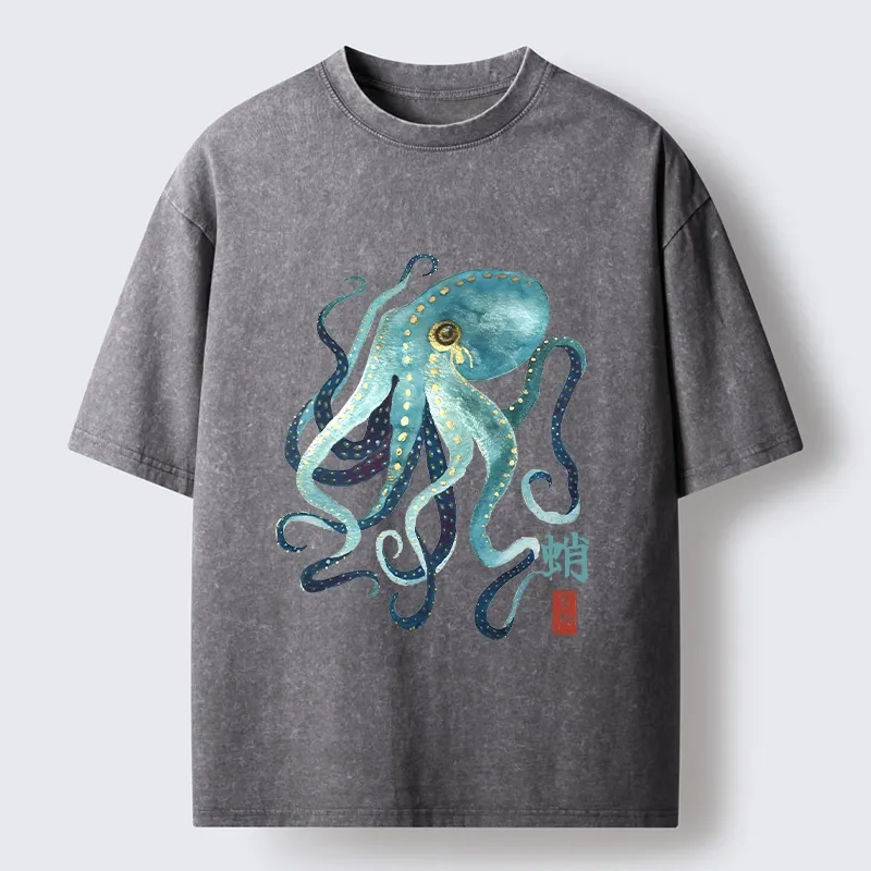 Tokyo-Tiger Soft Watercolor Octopus Japanese Art Washed T-Shirt