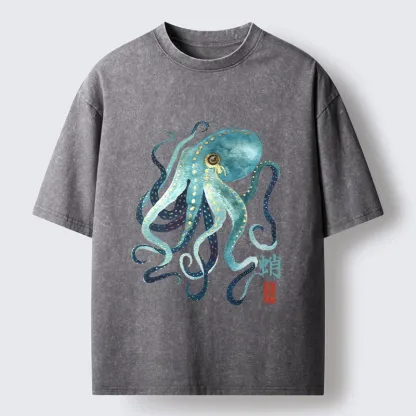 Tokyo-Tiger Soft Watercolor Octopus Japanese Art Washed T-Shirt