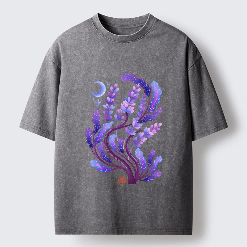 Tokyo-Tiger Peaceful Purple Floral Night Art Washed T-Shirt