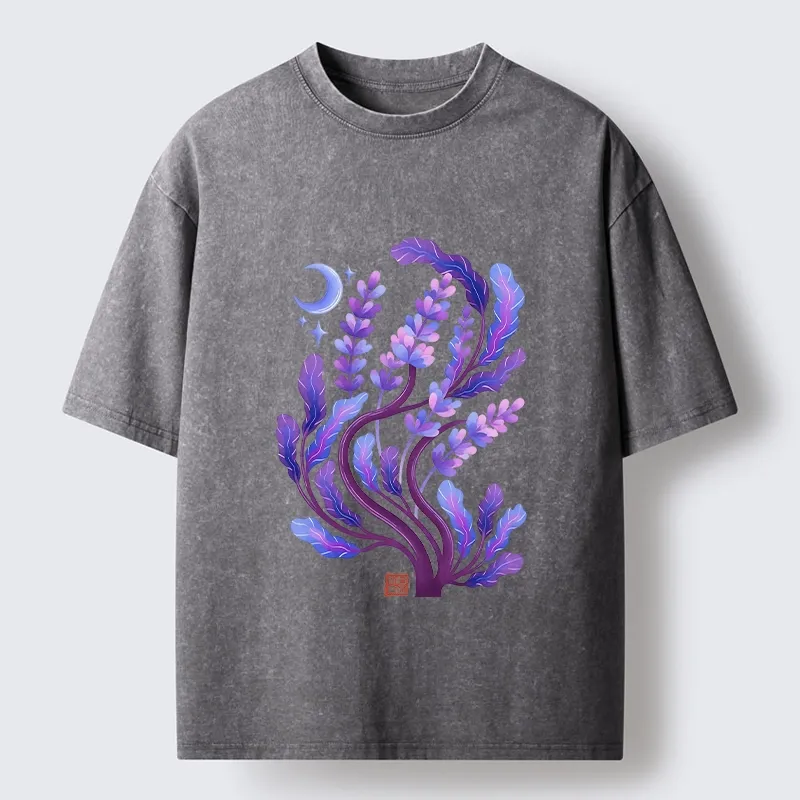 Tokyo-Tiger Peaceful Purple Floral Night Art Washed T-Shirt