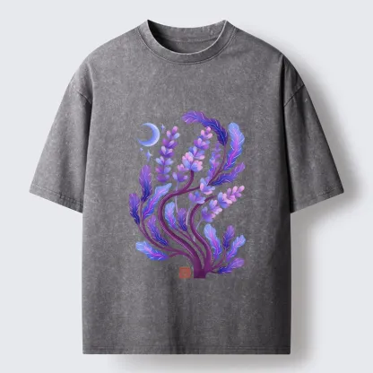 Tokyo-Tiger Peaceful Purple Floral Night Art Washed T-Shirt