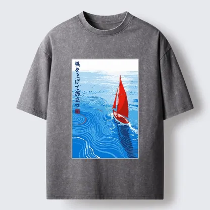 Tokyo-Tiger Bright Blue Sea Sail Journey Art Washed T-Shirt