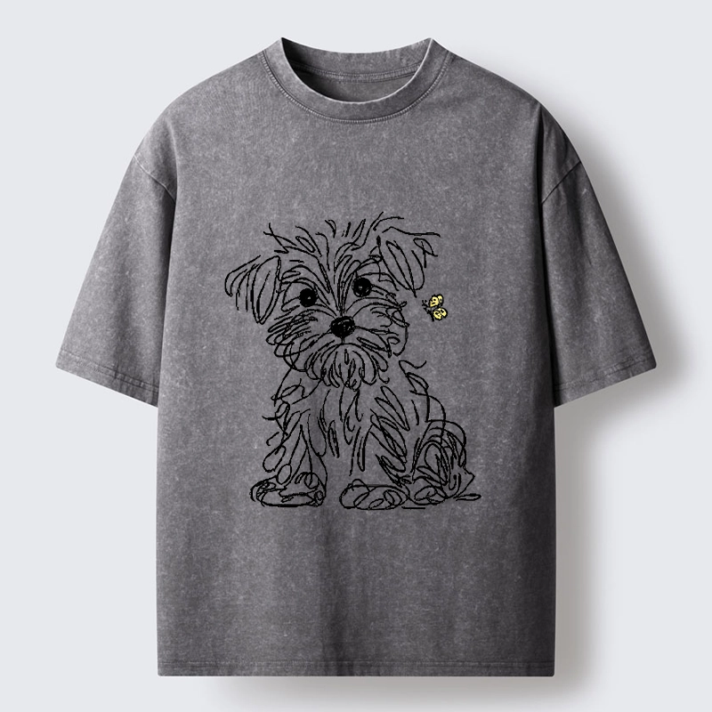 Tokyo-Tiger Simple Line Dog Tiny Butterfly Washed T-Shirt