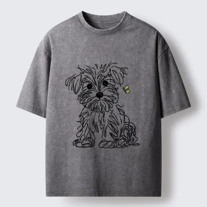 Tokyo-Tiger Simple Line Dog Tiny Butterfly Washed T-Shirt