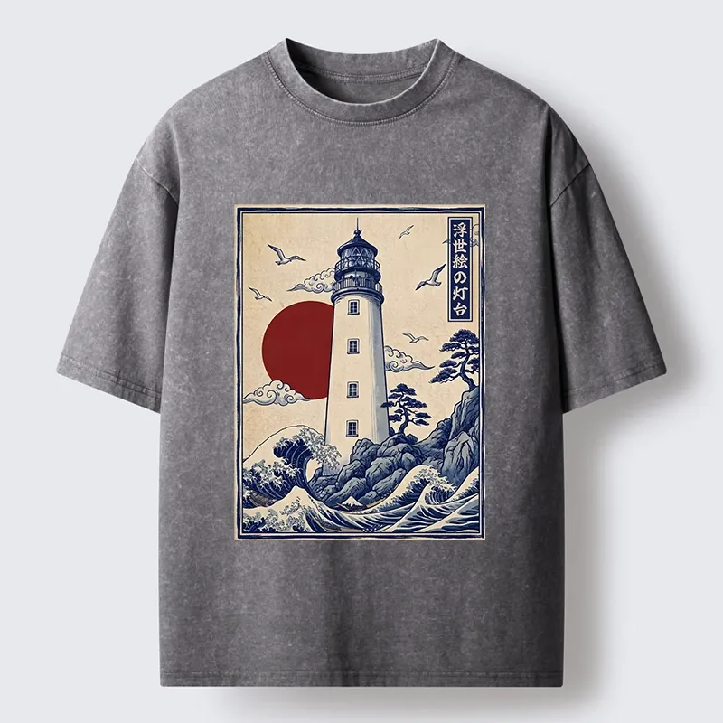 Tokyo-Tiger Classic Wave Lighthouse Sunrise Print Washed T-Shirt