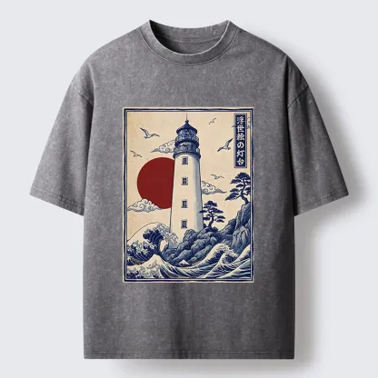 Tokyo-Tiger Classic Wave Lighthouse Sunrise Print Washed T-Shirt