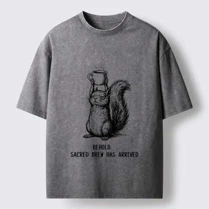 Tokyo-Tiger Squirrel Hold Sacred Coffee Meme Washed T-Shirt