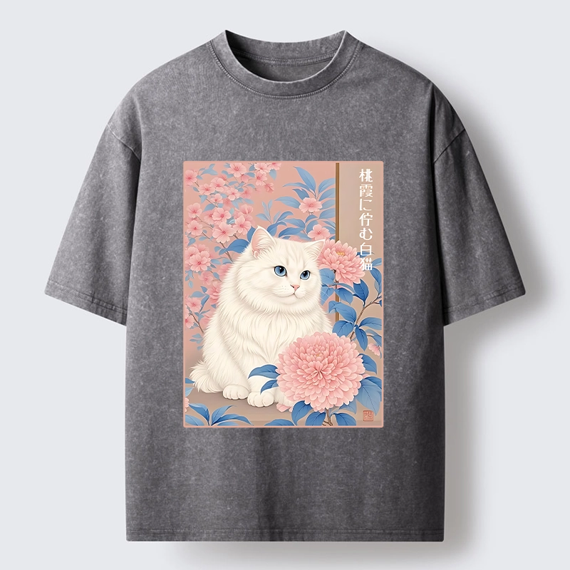 Tokyo-Tiger White Cat Pink Blossom Soft Art Washed T-Shirt