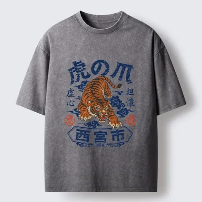 Tokyo-Tiger Brave Tiger Traditional Print Washed T-Shirt