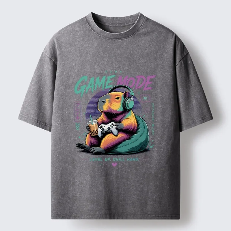 Tokyo-Tiger Cozy Capybara Play Video Games Washed T-Shirt