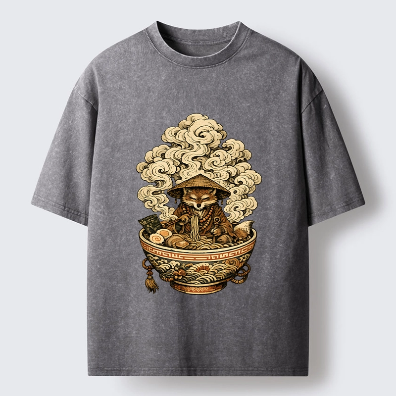 Tokyo-Tiger Zen Fox Eat Warm Ramen Washed T-Shirt