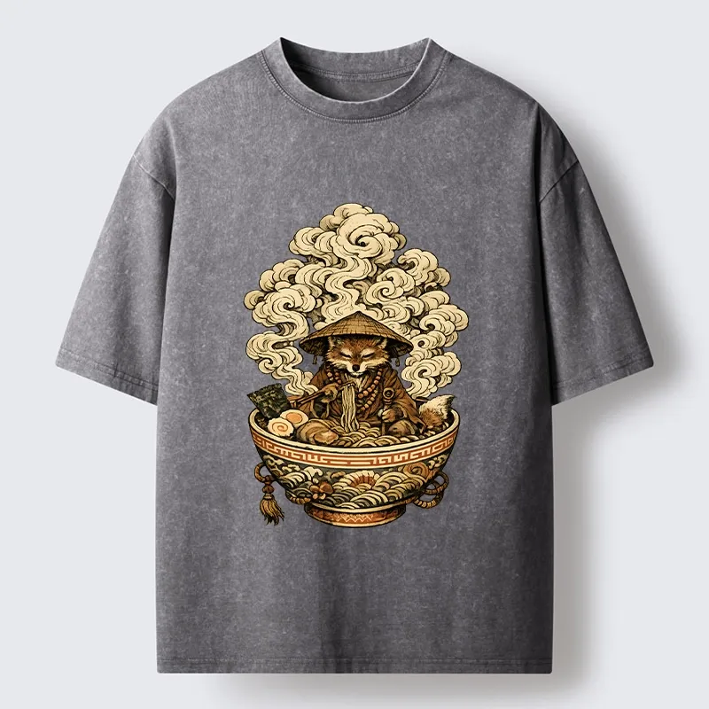 Tokyo-Tiger Zen Fox Eat Warm Ramen Washed T-Shirt