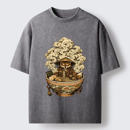 Tokyo-Tiger Zen Fox Eat Warm Ramen Washed T-Shirt