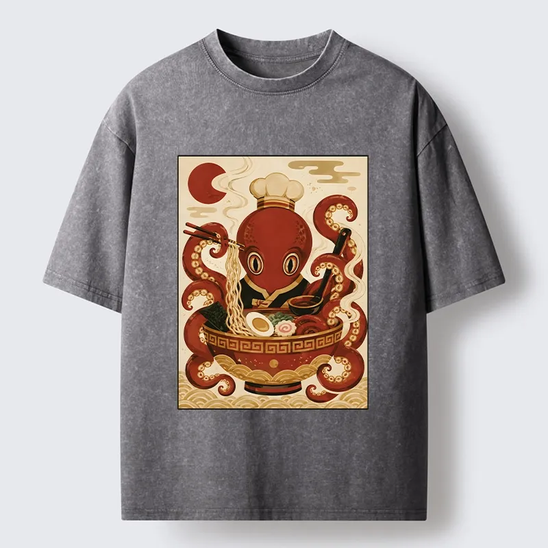 Tokyo-Tiger Red Octopus Master Noodle Maker Washed T-Shirt