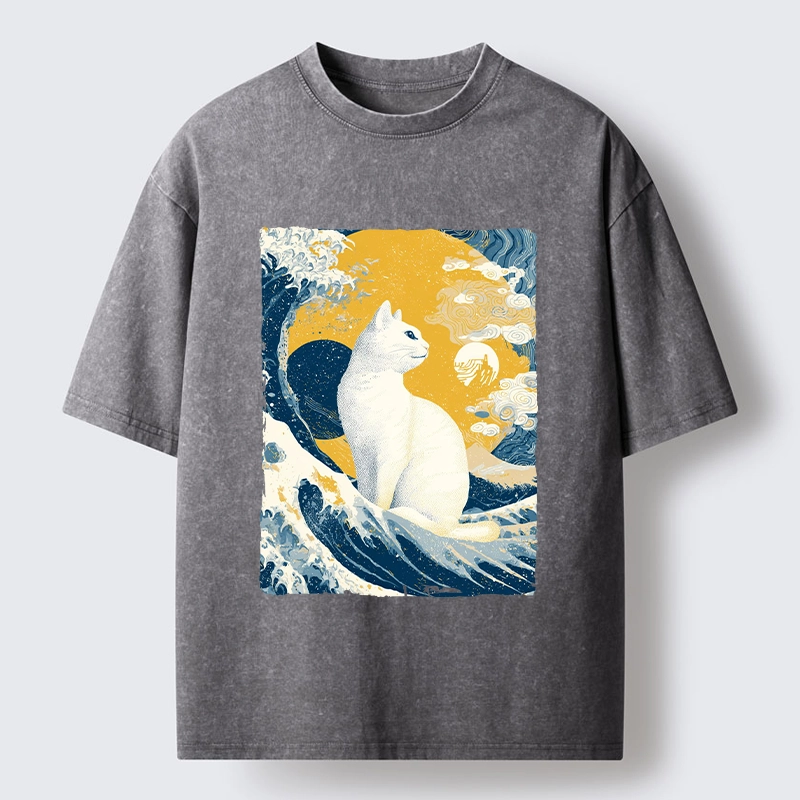 Tokyo-Tiger Ukiyo Cat Giant Ocean Wave Print Washed T-Shirt
