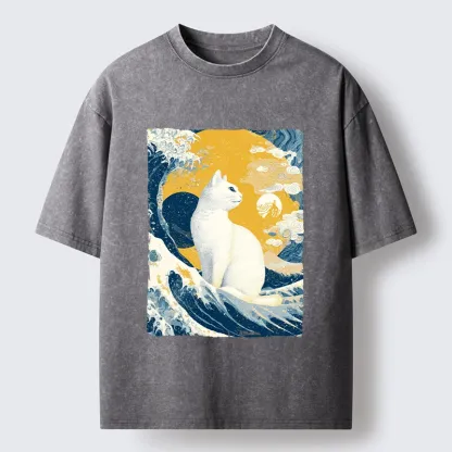 Tokyo-Tiger Ukiyo Cat Giant Ocean Wave Print Washed T-Shirt