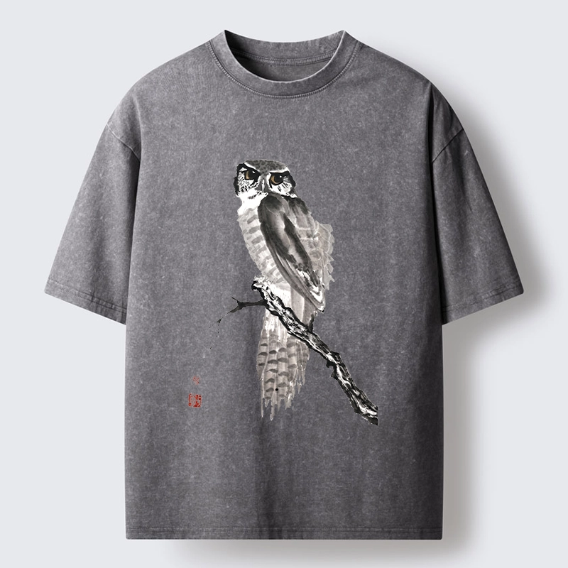 Tokyo-Tiger Minimal Ink Owl Oriental Brush Art Washed T-Shirt