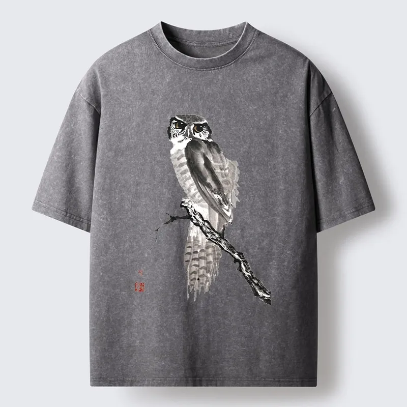 Tokyo-Tiger Minimal Ink Owl Oriental Brush Art Washed T-Shirt