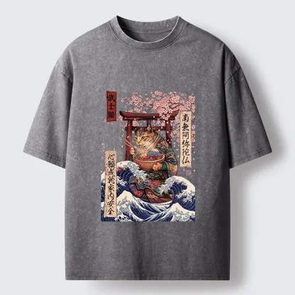 Tokyo-Tiger Samurai Cat Eating Noodles Wave Scene Washed T-Shirt