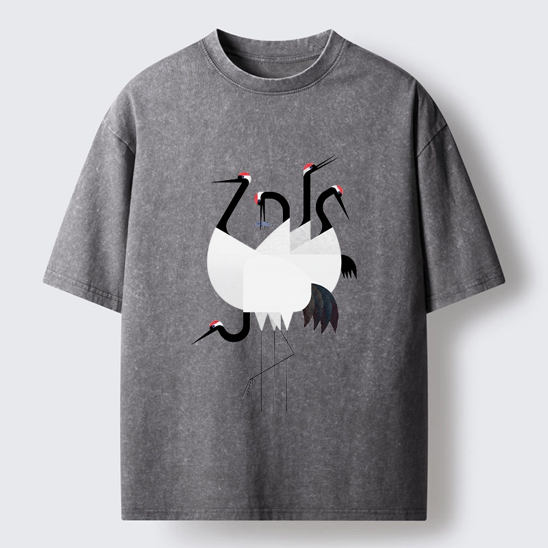 Tokyo-Tiger Minimal Shaped Cranes Simple Graphic Washed T-Shirt
