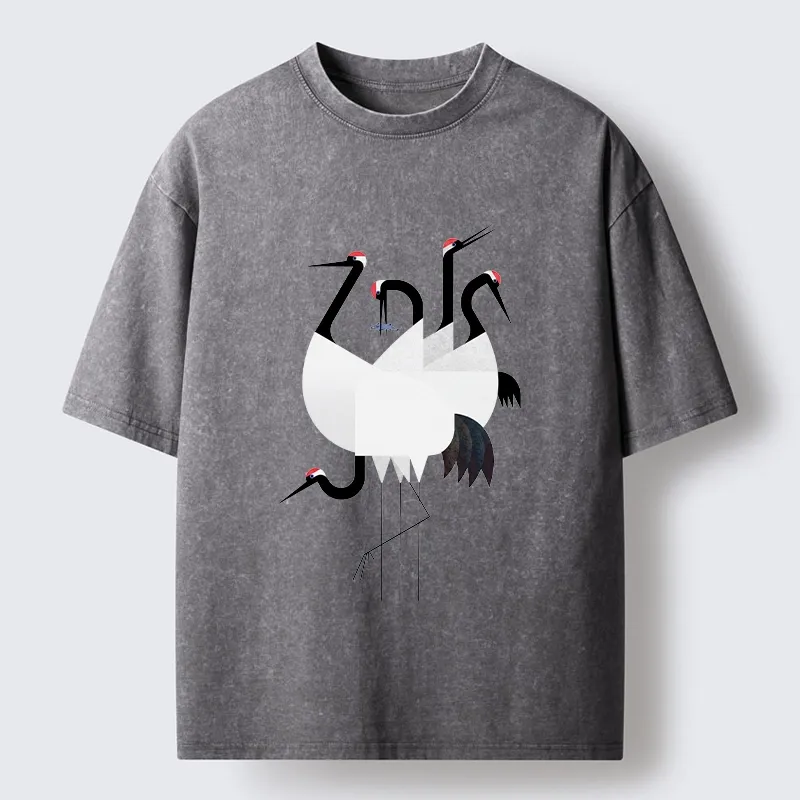 Tokyo-Tiger Minimal Shaped Cranes Simple Graphic Washed T-Shirt