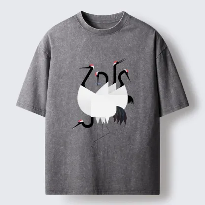 Tokyo-Tiger Minimal Shaped Cranes Simple Graphic Washed T-Shirt