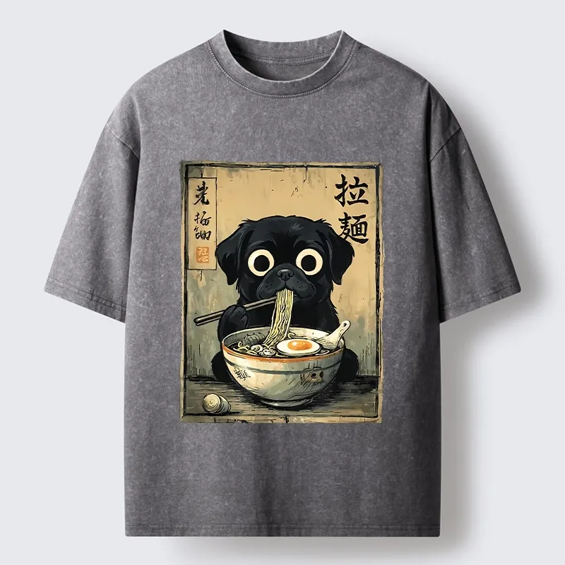 Tokyo-Tiger Cute Black Dog Eating Hot Ramen Washed T-Shirt