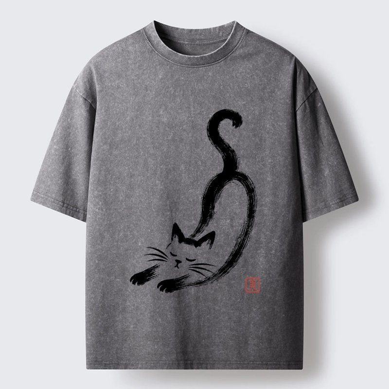 Tokyo-Tiger Soft Ink Stretch Cat Oriental Brush Art Washed T-Shirt