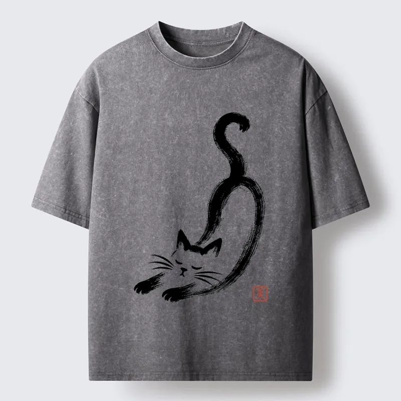 Tokyo-Tiger Soft Ink Stretch Cat Oriental Brush Art Washed T-Shirt