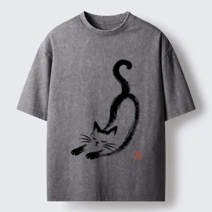 Tokyo-Tiger Soft Ink Stretch Cat Oriental Brush Art Washed T-Shirt