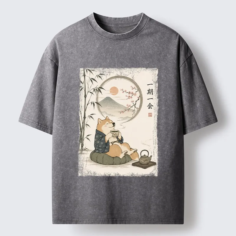Tokyo-Tiger Funny Meme Cozy Tea Time Shiba Inu Washed T-Shirt