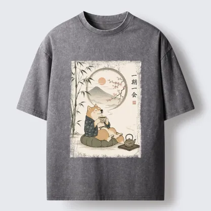 Tokyo-Tiger Funny Meme Cozy Tea Time Shiba Inu Washed T-Shirt