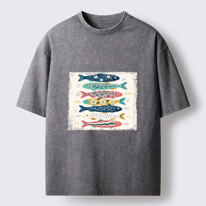 Tokyo-Tiger Simple Folk Art Floral Fish Group Design Washed T-Shirt