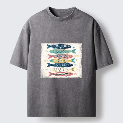 Tokyo-Tiger Simple Folk Art Floral Fish Group Design Washed T-Shirt