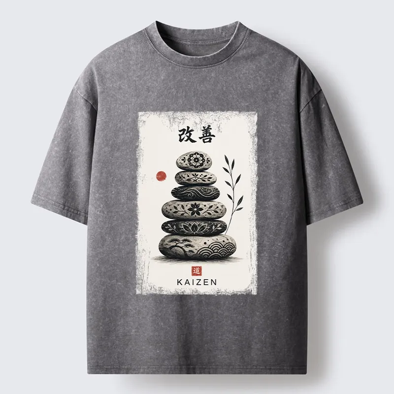 Tokyo-Tiger Japanese Balance Stone Floral Print Washed T-Shirt