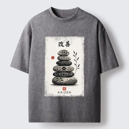Tokyo-Tiger Japanese Balance Stone Floral Print Washed T-Shirt