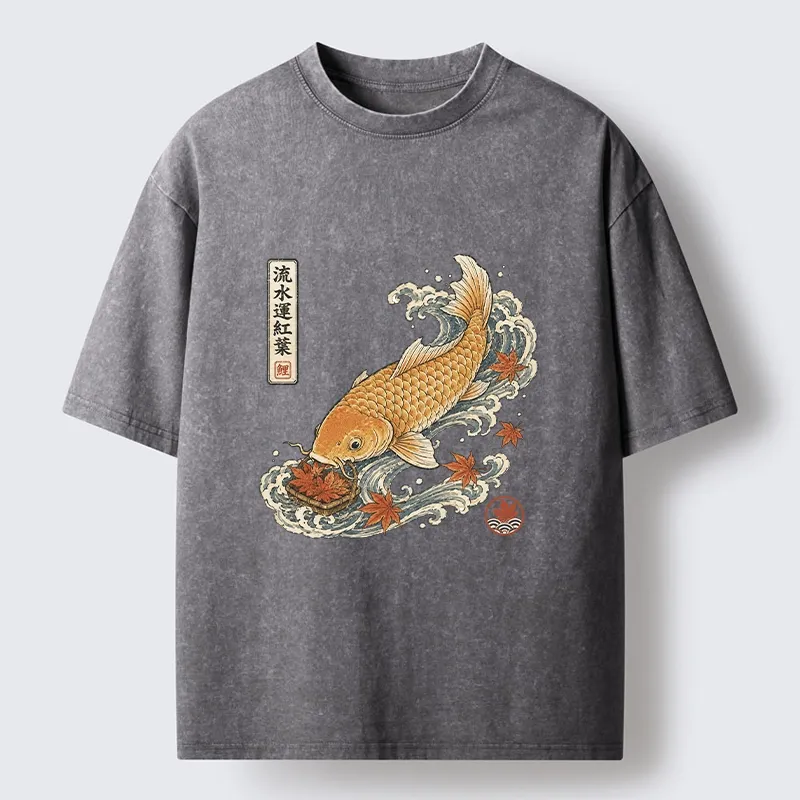 Tokyo-Tiger Golden Koi Carp Maple Leaf Wave Art Washed T-Shirt