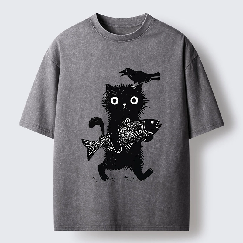 Tokyo-Tiger Wild Fluffy Cat Fish Crow Vintage Print Washed T-Shirt