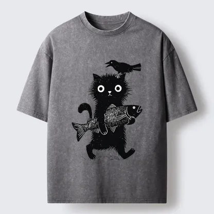 Tokyo-Tiger Wild Fluffy Cat Fish Crow Vintage Print Washed T-Shirt