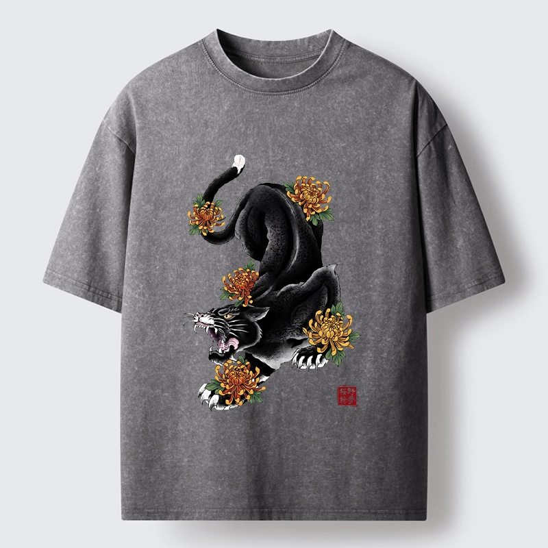 Tokyo-Tiger Wild Black Cat Panther Autumn Flower Graphic Washed T-Shirt