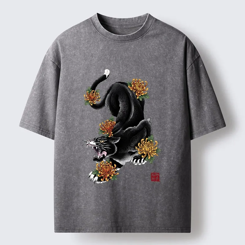 Tokyo-Tiger Wild Black Cat Panther Autumn Flower Graphic Washed T-Shirt