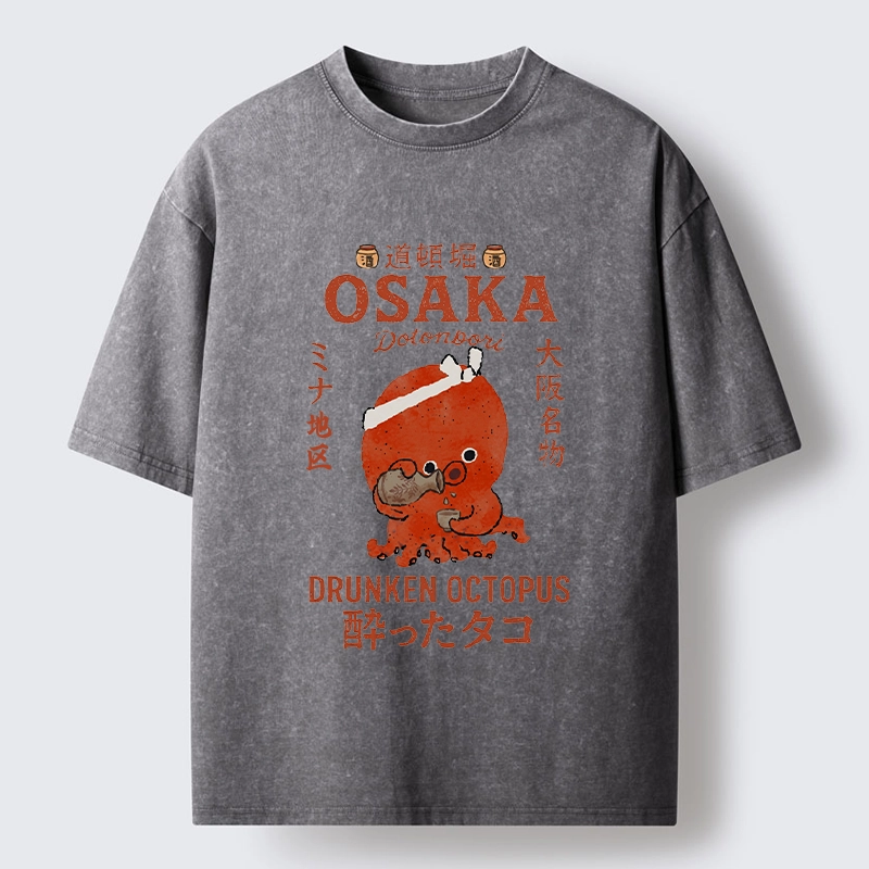 Tokyo-Tiger Vintage Osaka Octopus Sake Drinking Print Washed T-Shirt