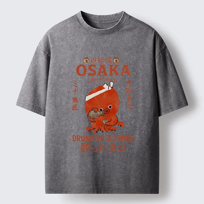 Tokyo-Tiger Vintage Osaka Octopus Sake Drinking Print Washed T-Shirt