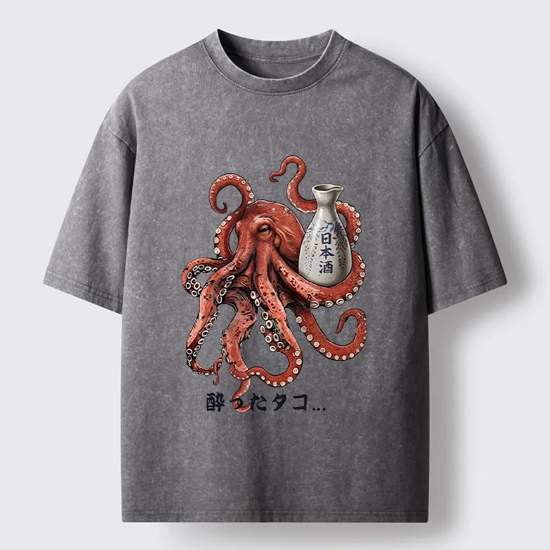 Tokyo-Tiger Japanese Drunken Octopus Sake Pot Art Washed T-Shirt