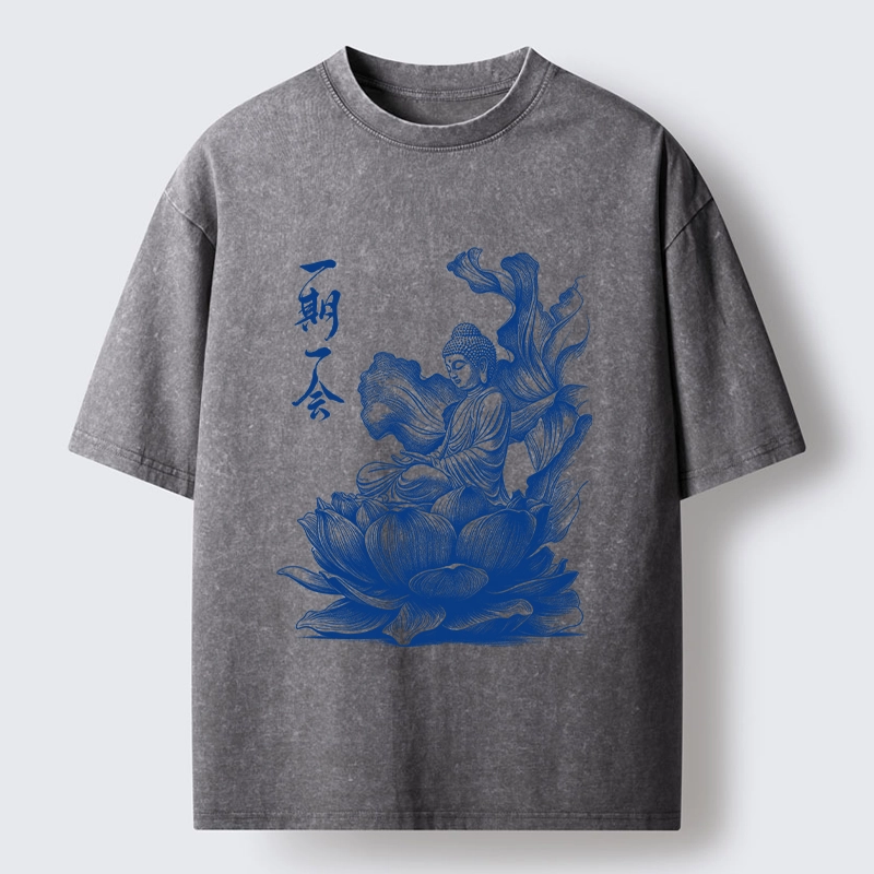 Tokyo-Tiger Calm Buddha On Big Lotus Zen Graphic Washed T-Shirt