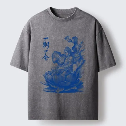 Tokyo-Tiger Calm Buddha On Big Lotus Zen Graphic Washed T-Shirt