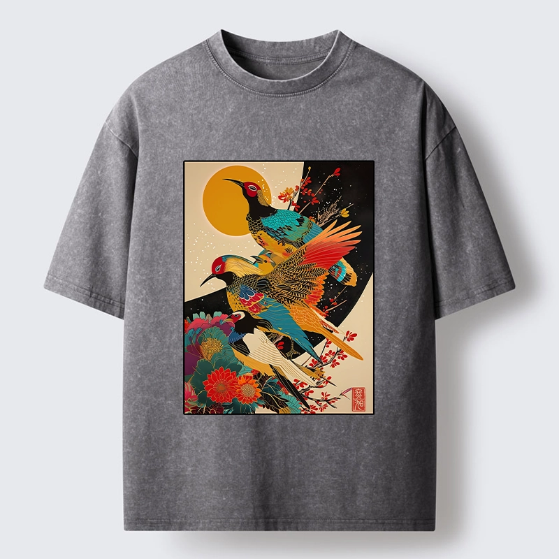 Tokyo-Tiger Sunrise Pheasants Blossom Oriental Art Design Washed T-Shirt